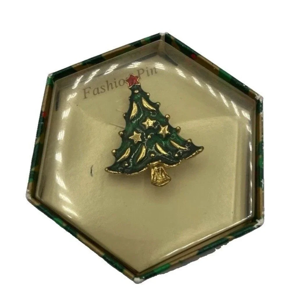 Christmas Tree Enamel Fashion Pin Brooch Gold Tone Red Star in Gift Box
